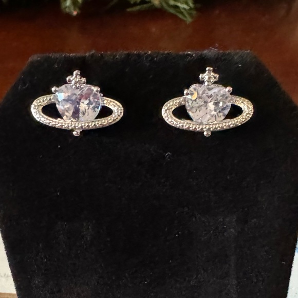 Retro Rhinestone Planet, Saturn, Stud Celestial Silver tone Glam, Earrings - Picture 4 of 4